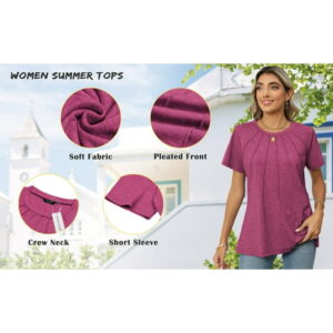Rosvigor Blouses for Women Short Sleeve Shirts Casual Dressy Summer Tops with Pleats