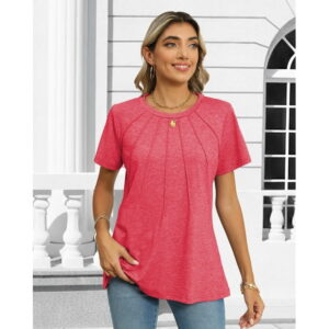 Rosvigor Blouses for Women Short Sleeve Shirts Casual Dressy Summer Tops with Pleats