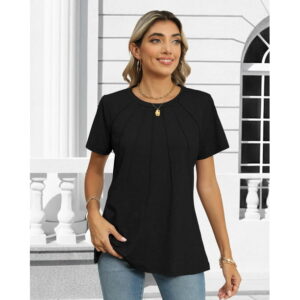 Rosvigor Blouses for Women Short Sleeve Shirts Casual Dressy Summer Tops with Pleats