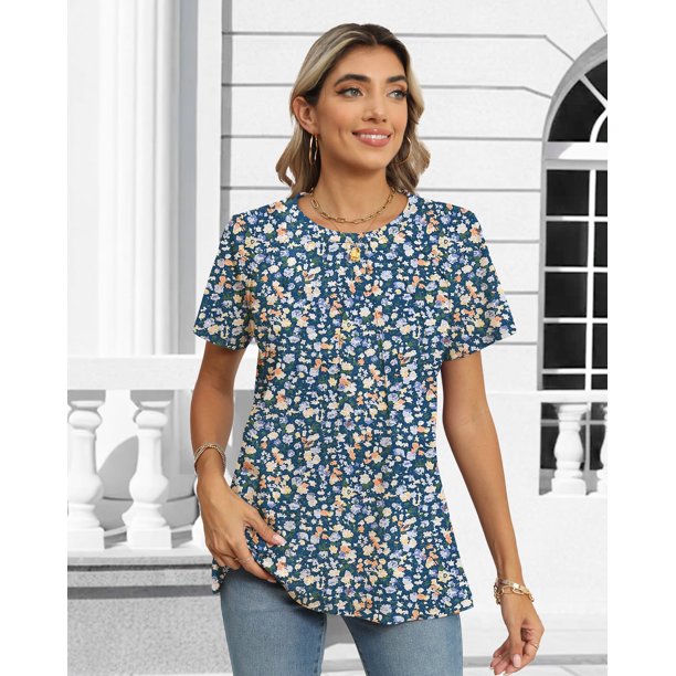 Rosvigor Blouses for Women Short Sleeve Shirts Casual Dressy Summer Tops with Pleats