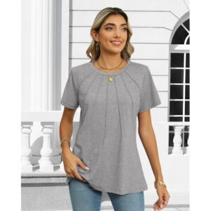 Rosvigor Blouses for Women Short Sleeve Shirts Casual Dressy Summer Tops with Pleats