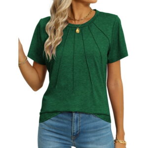 Rosvigor Blouses for Women Short Sleeve Shirts Casual Dressy Summer Tops with Pleats