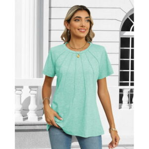 Rosvigor Blouses for Women Short Sleeve Shirts Casual Dressy Summer Tops with Pleats