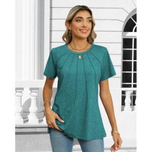 Rosvigor Blouses for Women Short Sleeve Shirts Casual Dressy Summer Tops with Pleats