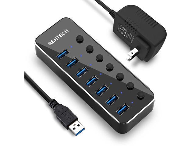 RSHTECH USB 3.0 Hub Powered 7 Port USB Data Hub Extender Aluminum USB Splitter with Individual On/Off Switches and Universal 5V AC Adapter, 3.3ft USB