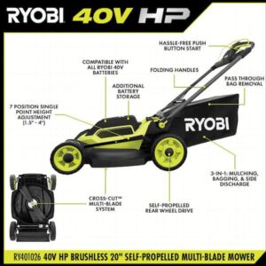 RYOBI 40V HP Brushless 20" Cordless Electric Battery Multi-Blade Walk Behind Self-Propelled Lawn Mower-8.0Ah Battery & Charger RY401260VNM