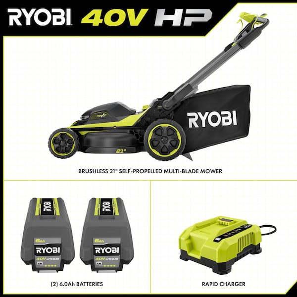 RYOBI 40V HP Brushless 21 in. Cordless Battery Walk Behind Multi-Blade Self-Propelled Mower w/ (2) 6.0Ah Batteries and Charger RY40HPLM02K2