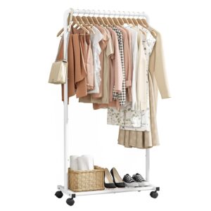 Sakugi Clothing Rack - Movable Multi-Functional Coat Rack with 4 Universal Wheels, Long-Lasting Metal Clothes Rack with Extra Storage Shelf for Bedroom, Office, Laundry(White,...