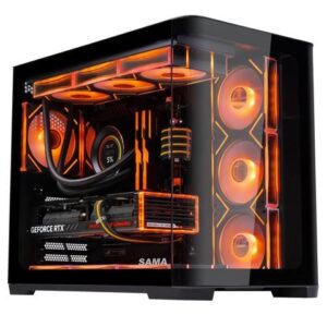 SAMA 2851 ATX Mid-Tower PC Gaming Case, High-Airflow, Sturdy Curved Tempered Glass Front, 4 ARGB PWM Fan Pre-installed with Fan Hub, Black
