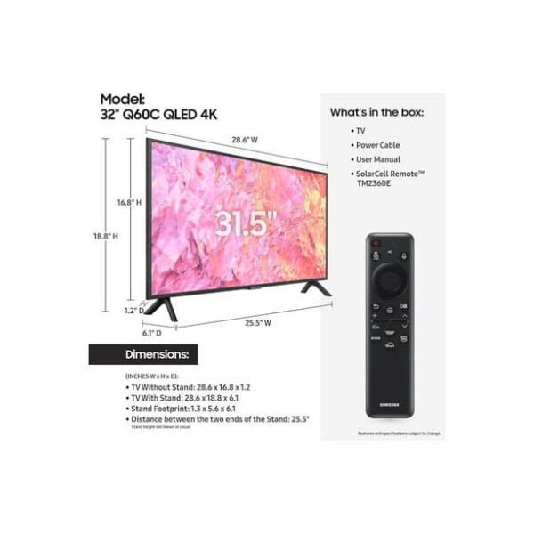 SAMSUNG 32" Class Q60C QLED 4K Smart TV QN32Q60CAFXZA 2023