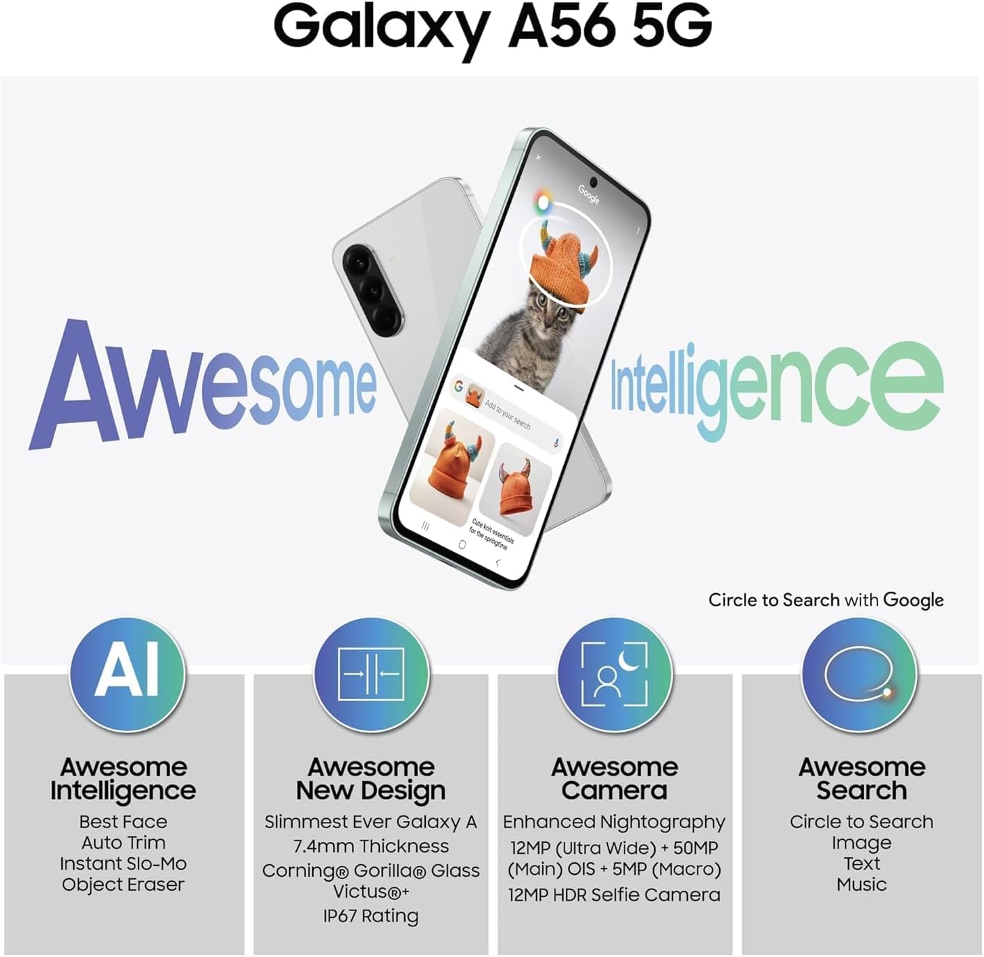 Samsung Galaxy A56 5G, 128GB + 8GB RAM, 6.6" Display, Triple 50MP Camera, Unlocked International Version, Grey