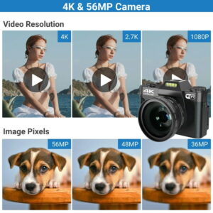Saneen Digital Camera 4K 56MP Wifi Vlogging Cameras for YouTube 3''180° Flip Screen 16X Zoom 32GB SD Card 52mm Lens Black