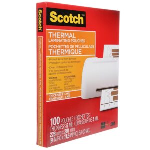 Scotch Thermal Laminating Sheets, Ideal Office or School Supplies, 9" x 11.5", 5-Mil Thick, 100 Laminating Pouches