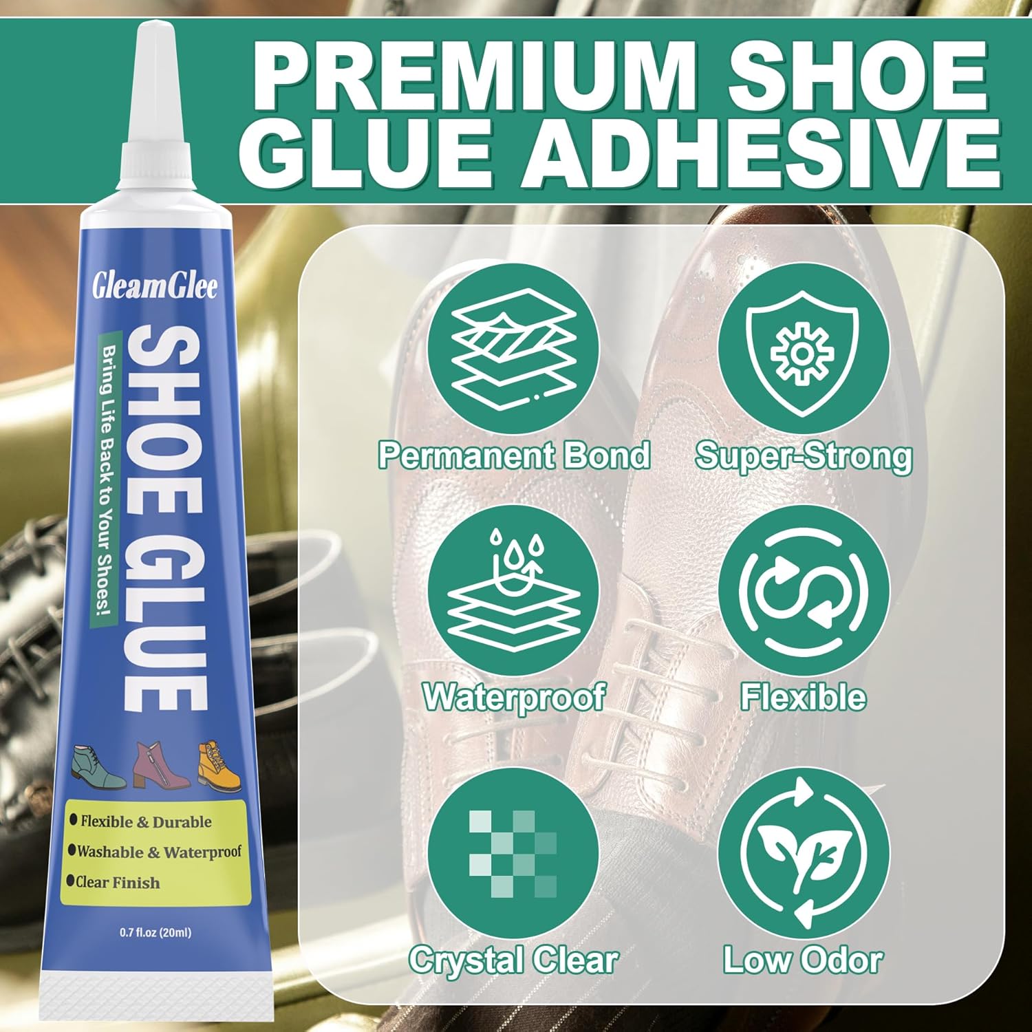 Shoe Glue, Extra Strong Shoe Repair Adhesive - Permanent, Clear, Waterproof Glue for Sneakers, Boots, Heels, Canvas, Soles, Handbags, Leather, Rubber, Vinyl - 20ml x 2 PCS