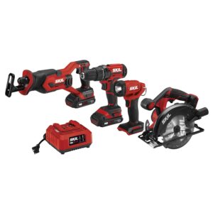 SKIL 20V 4-Tool Combo Kit: 20V Cordless Drill Driver Reciprocating Saw, Circular Saw and Spotlight, Includes Two 2.0Ah PWR CORE Lithium Batteries and One Charger -...