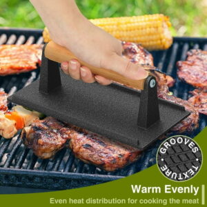 Smash burger press, 7" round and 8.2"X4.3" rectangular heavy duty cast iron smash bacon press steak press with wooden handle for grill pans, sandwiches, panini, non stick pans