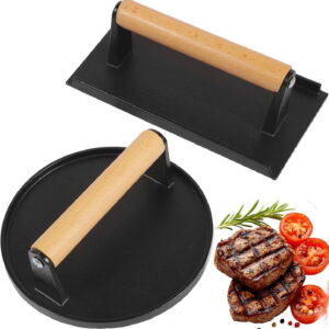 Smash burger press, 7" round and 8.2"X4.3" rectangular heavy duty cast iron smash bacon press steak press with wooden handle for grill pans, sandwiches, panini, non stick pans
