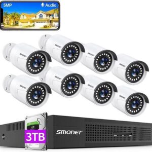 SMONET 5MP 8CH PoE Home Security Camera System,8CH NVR CCTV Surveillance Camera System with 3TB HDD,8PCS 5MP Outdoor Wired IP Cameras,Power Over