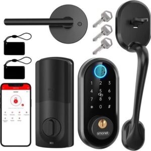 SMONET Front Door Lock Set with Handle for Front Door Fingerprint Keyless Entry Bluetooth Electronic Digital Keypad Door Lock Deadbolt, Auto Lock Work