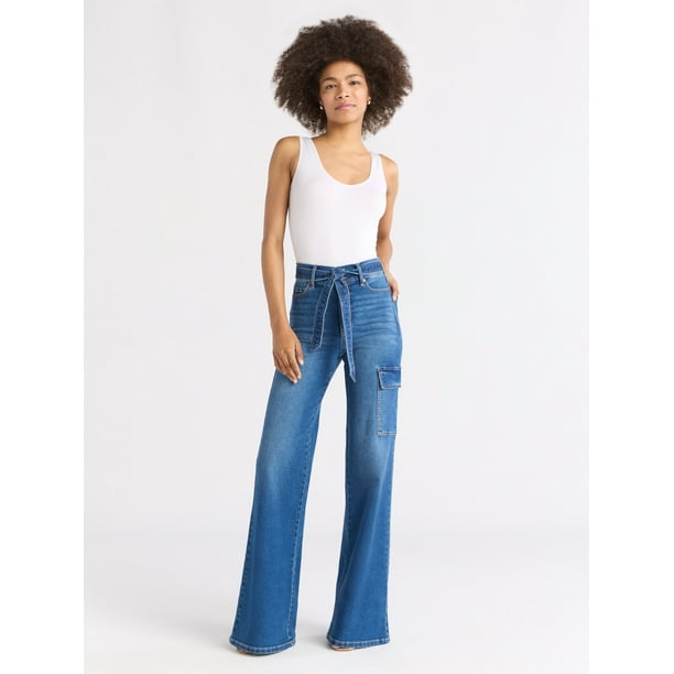 Sofia by Sofia Vergara Women's and Women's Plus Margot Wide Leg High Rise Cargo Jeans with Belt, Sizes 0-28W