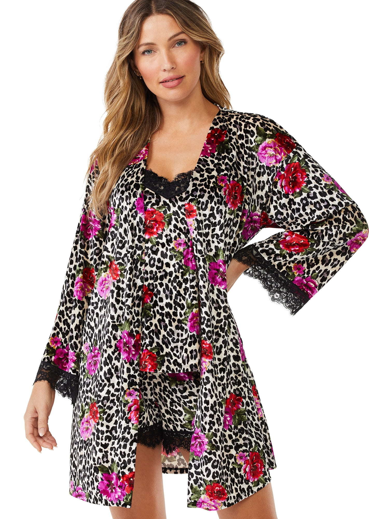 Sofia Intimates by Sofia Vergara Women's and Women's Plus Size Crushed Velvet Cami, Tap Pants and Robe Set, 3-Piece