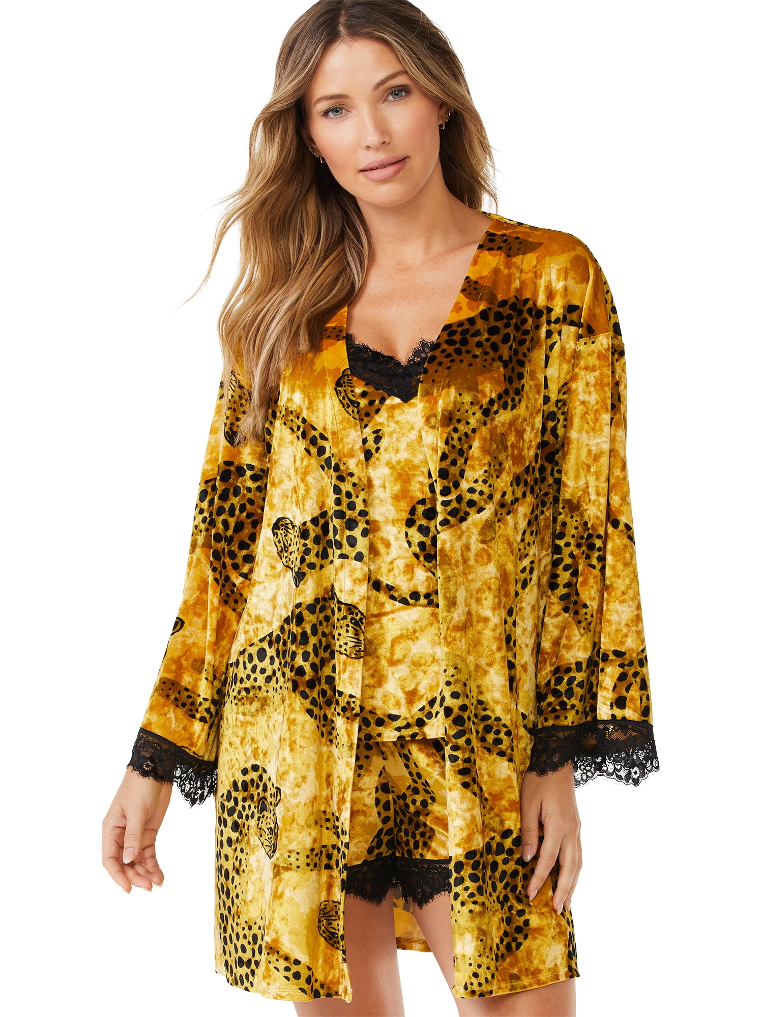 Sofia Intimates by Sofia Vergara Women's and Women's Plus Size Crushed Velvet Cami, Tap Pants and Robe Set, 3-Piece