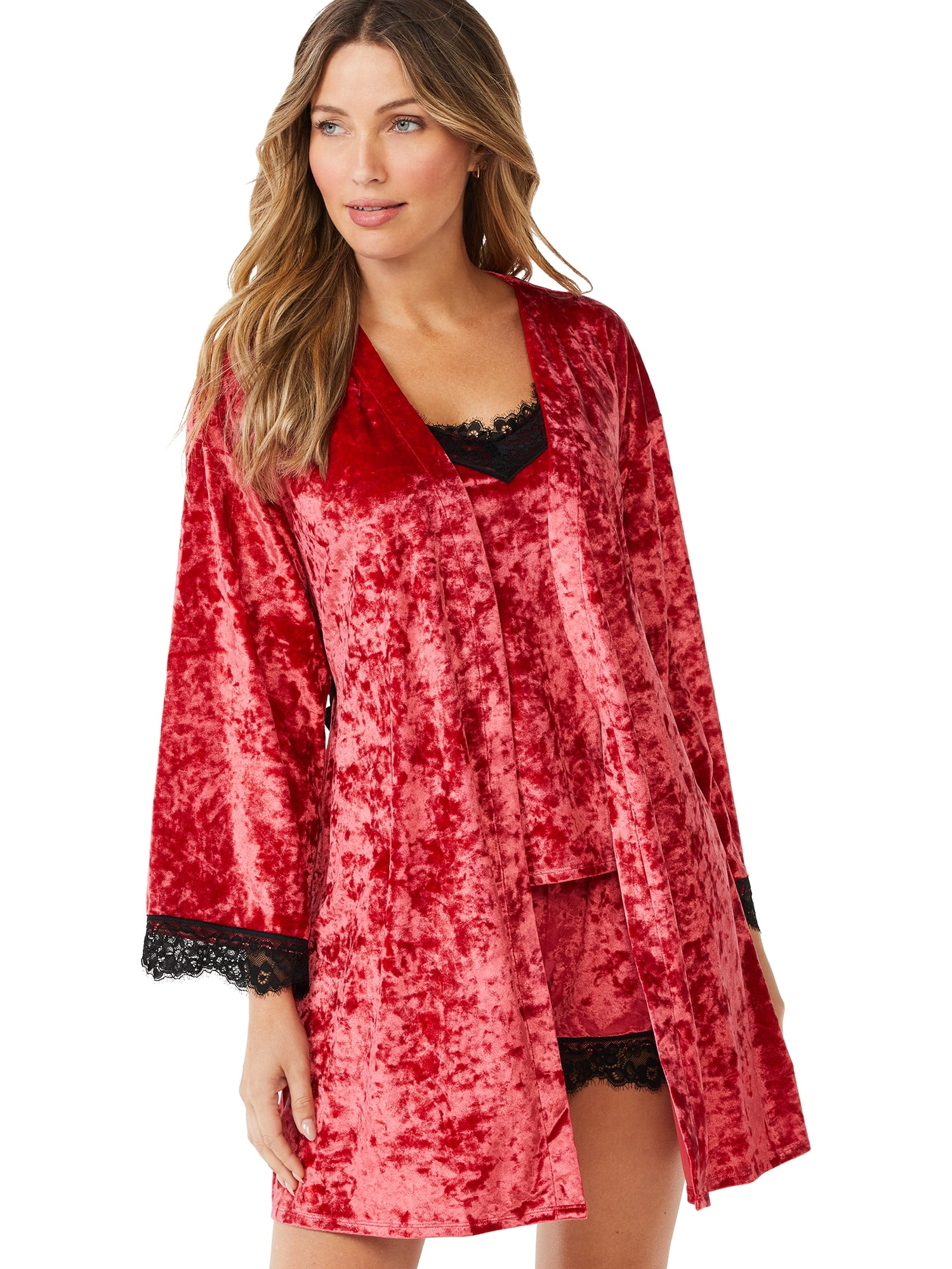 Sofia Intimates by Sofia Vergara Women's and Women's Plus Size Crushed Velvet Cami, Tap Pants and Robe Set, 3-Piece