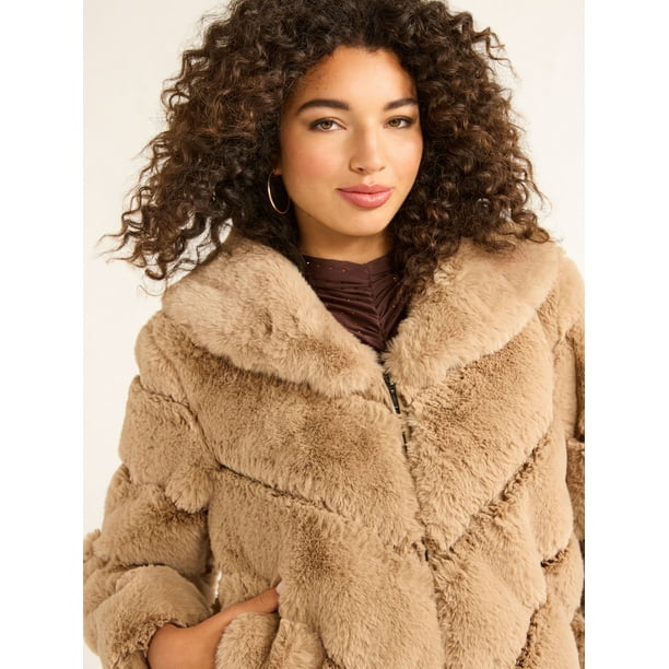 Sofia Jeans Women's and Women's Plus Faux Fur Chubby Jacket, Sizes XS-5X