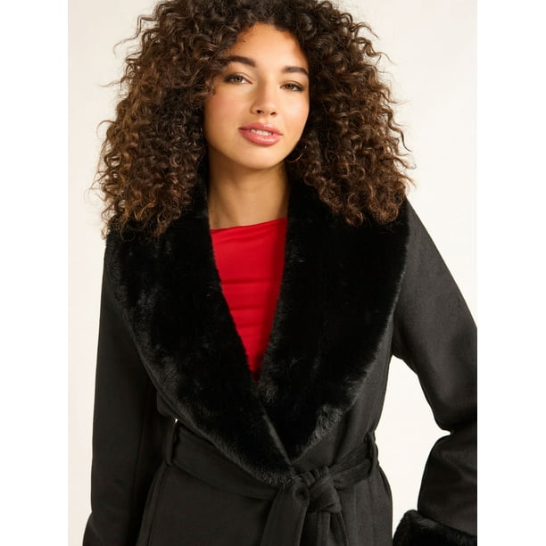 Sofia Jeans Women's and Women's Plus Faux Fur Trim Coat, Sizes XS-5X