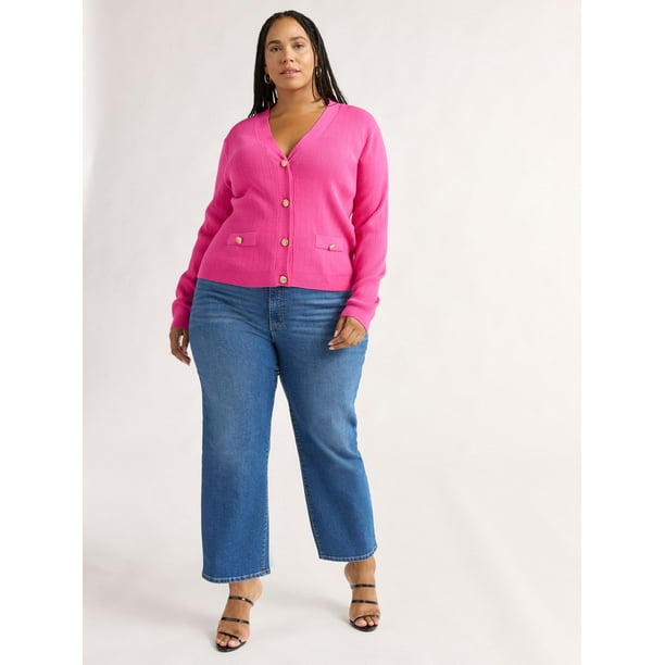 Sofia Jeans Women's and Women's Plus Ribbed Button Cardigan, Lightweight, Size XS-4X
