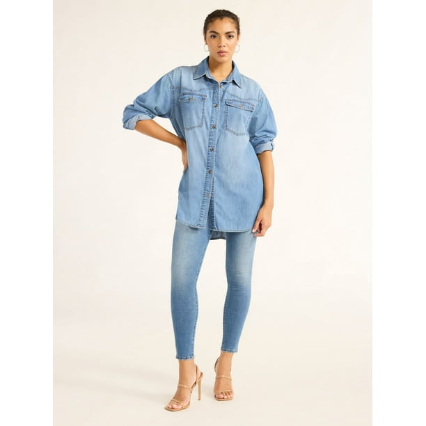 Sofia Jeans Women's and Women's Plus Sofia Oversized Boyfriend Shirt with Long Sleeves, Sizes XS-4X
