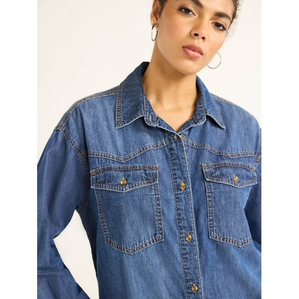 Sofia Jeans Women's and Women's Plus Sofia Oversized Boyfriend Shirt with Long Sleeves, Sizes XS-4X