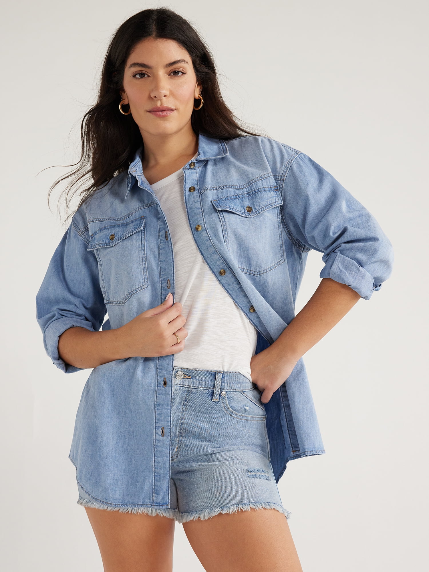 Sofia Jeans Women's and Women's Plus Sofia Oversized Boyfriend Shirt with Long Sleeves, Sizes XS-4X