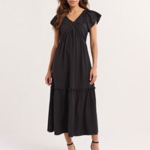 Sofia Jeans Women's and Women's Plus V Neck Dress with Flutter Sleeves, Below Calf Length, Sizes XS-4X