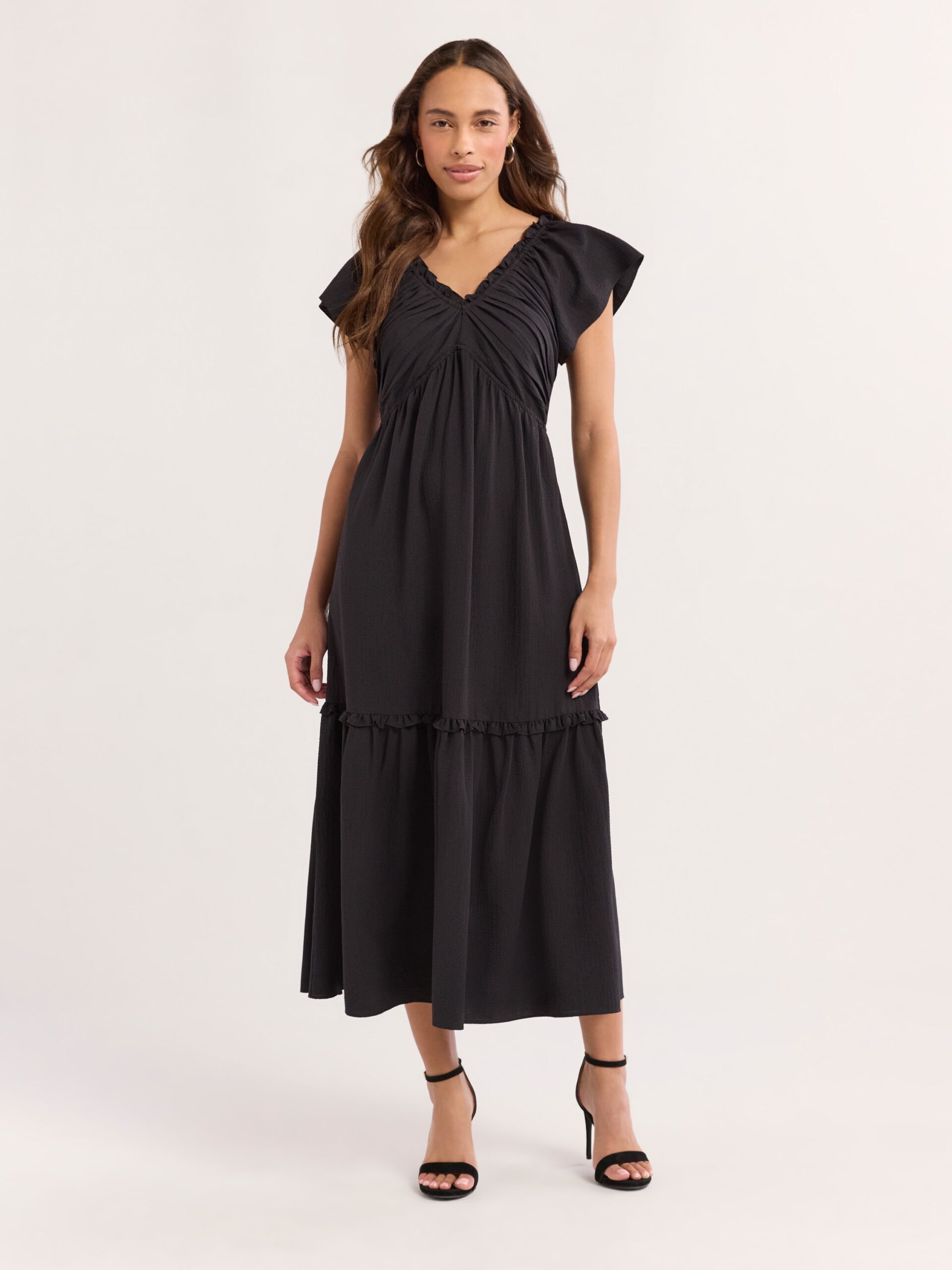 Sofia Jeans Women's and Women's Plus V Neck Dress with Flutter Sleeves, Below Calf Length, Sizes XS-4X