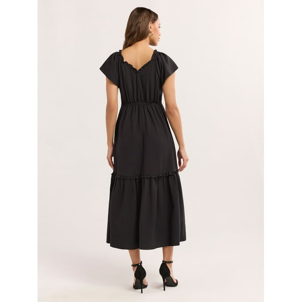 Sofia Jeans Women's and Women's Plus V Neck Dress with Flutter Sleeves, Below Calf Length, Sizes XS-4X
