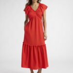 Sofia Jeans Women's and Women's Plus V Neck Dress with Flutter Sleeves, Below Calf Length, Sizes XS-4X