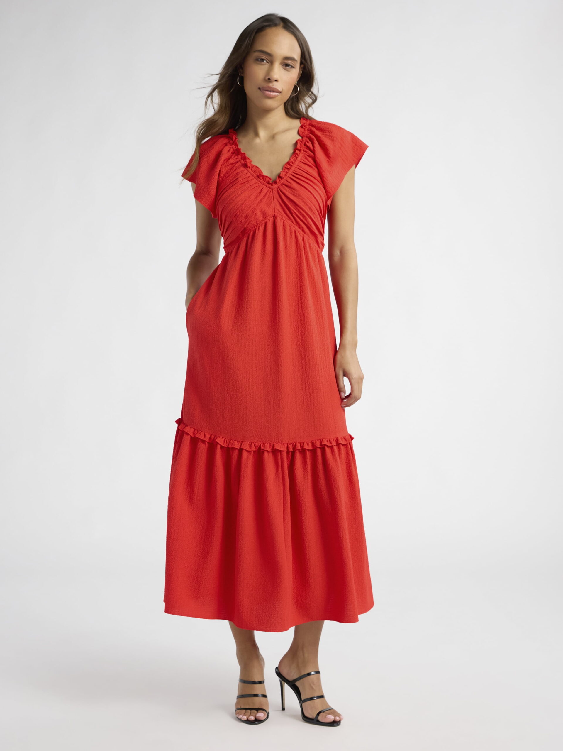 Sofia Jeans Women's and Women's Plus V Neck Dress with Flutter Sleeves, Below Calf Length, Sizes XS-4X