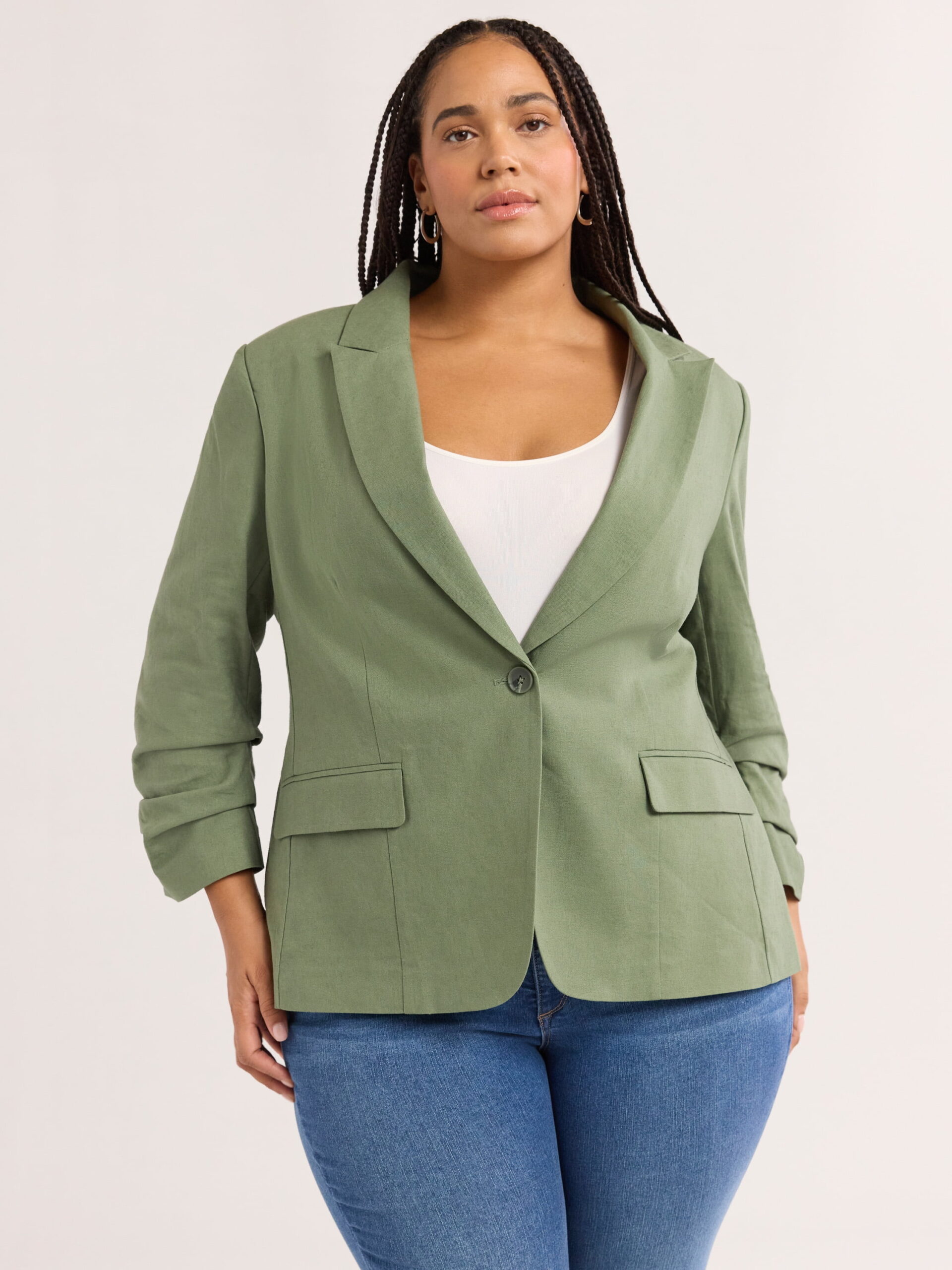 Sofia Jeans Women's Linen Blend Blazer with Scrunch Sleeves, Sizes XS-4X