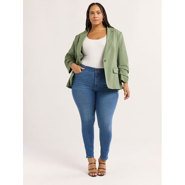 Sofia Jeans Women's Linen Blend Blazer with Scrunch Sleeves, Sizes XS-4X