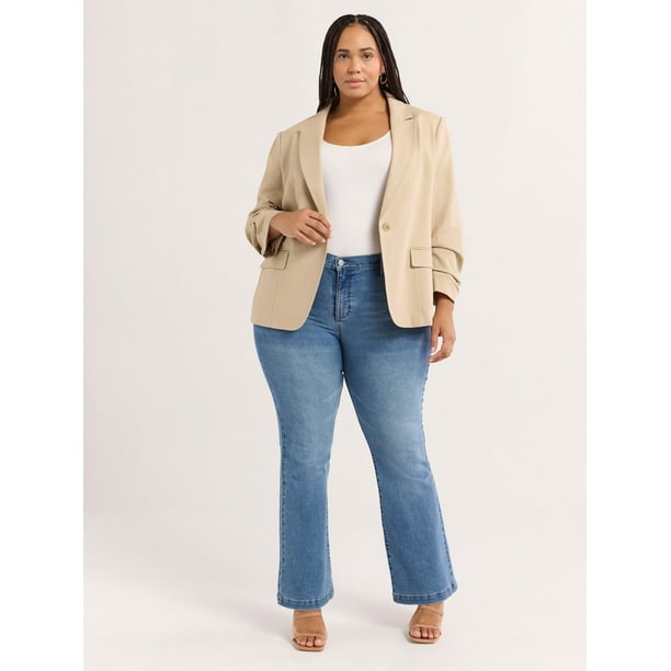 Sofia Jeans Women's Linen Blend Blazer with Scrunch Sleeves, Sizes XS-4X