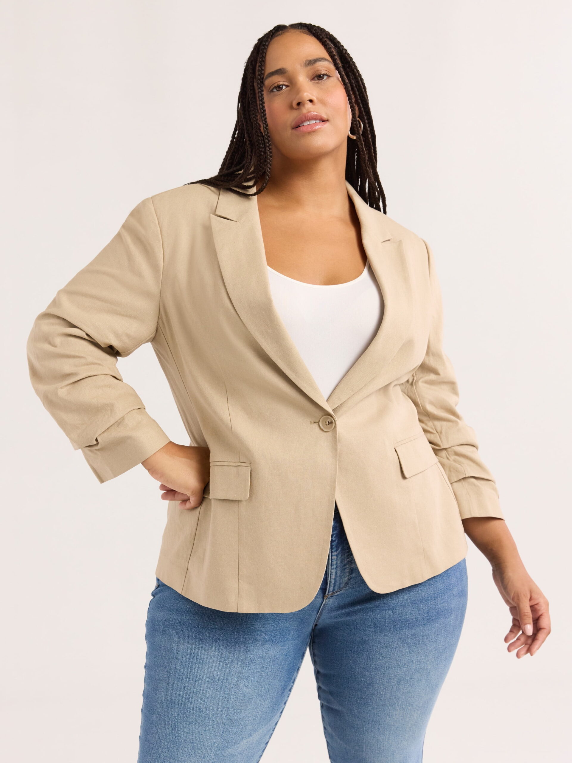 Sofia Jeans Women's Linen Blend Blazer with Scrunch Sleeves, Sizes XS-4X