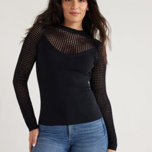 Sofia Jeans Women's V-Neck Mesh Pullover Sweater with Sheer Long Sleeves, Lightweight, Sizes XS-XXXL
