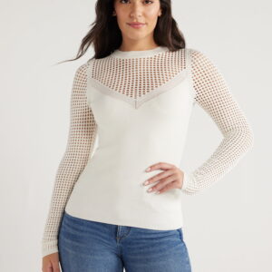 Sofia Jeans Women's V-Neck Mesh Pullover Sweater with Sheer Long Sleeves, Lightweight, Sizes XS-XXXL