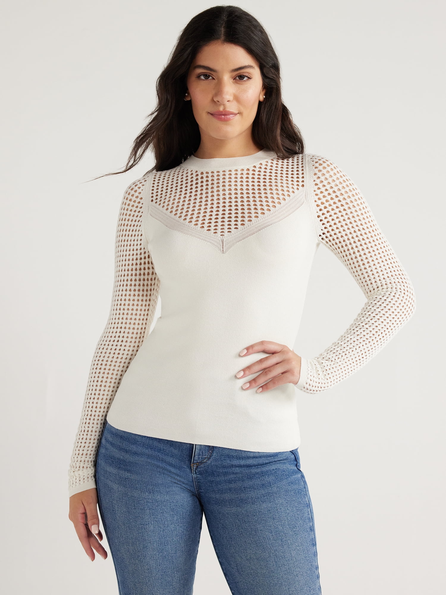 Sofia Jeans Women's V-Neck Mesh Pullover Sweater with Sheer Long Sleeves, Lightweight, Sizes XS-XXXL