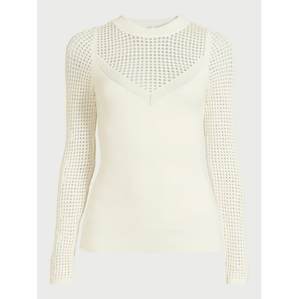 Sofia Jeans Women's V-Neck Mesh Pullover Sweater with Sheer Long Sleeves, Lightweight, Sizes XS-XXXL