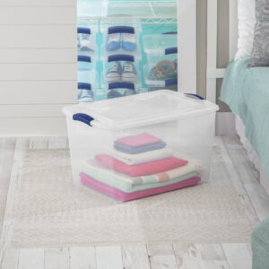 Sterilite Large Storage Bin, 66 Quart Clear Plastic Storage Container with Latch Lid, Blue