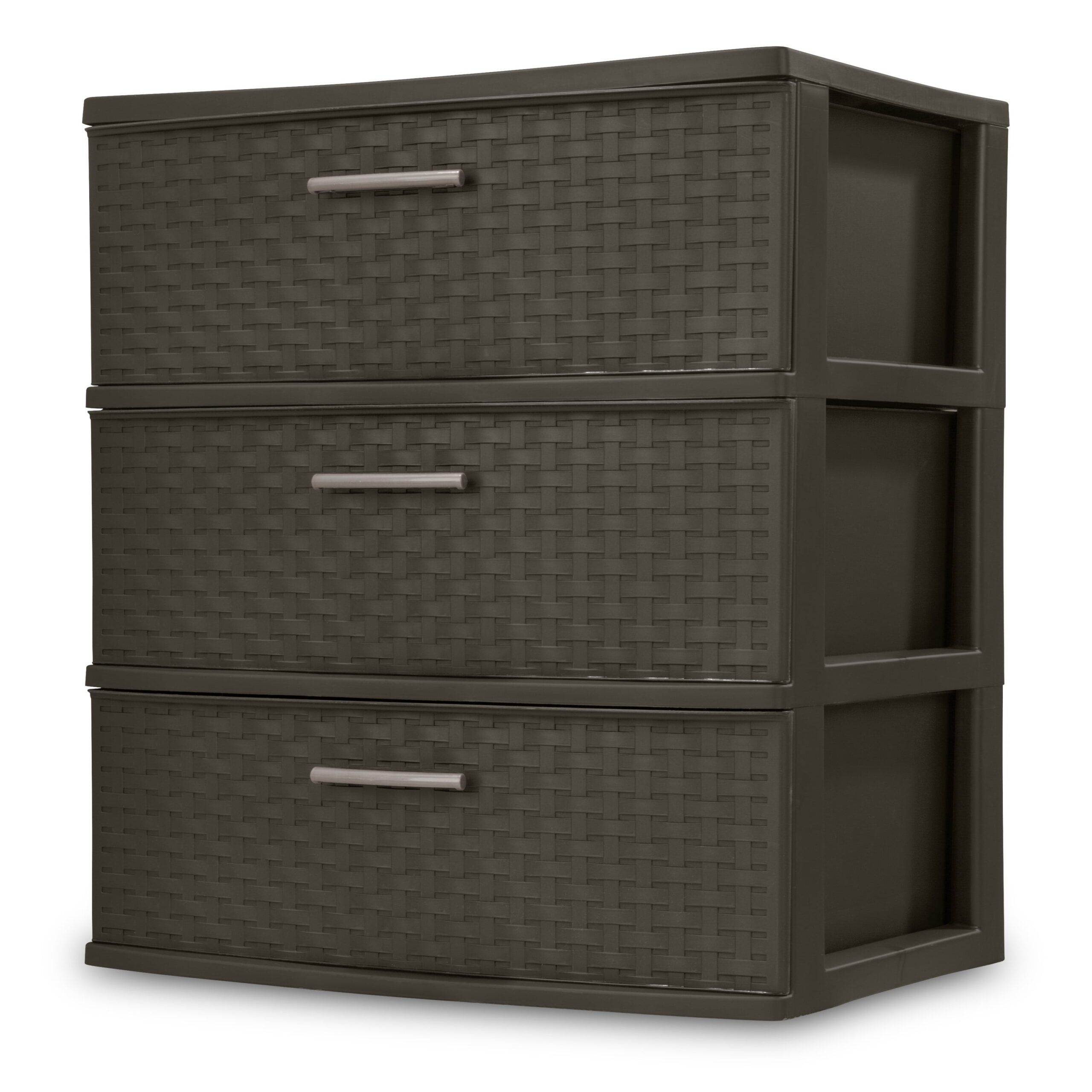 Sterilite Storage Drawer, 3 Drawer Plastic Weave Wide Tower with Pull Handles, Brown