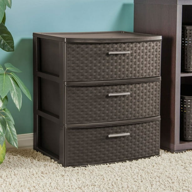 Sterilite Storage Drawer, 3 Drawer Plastic Weave Wide Tower with Pull Handles, Brown
