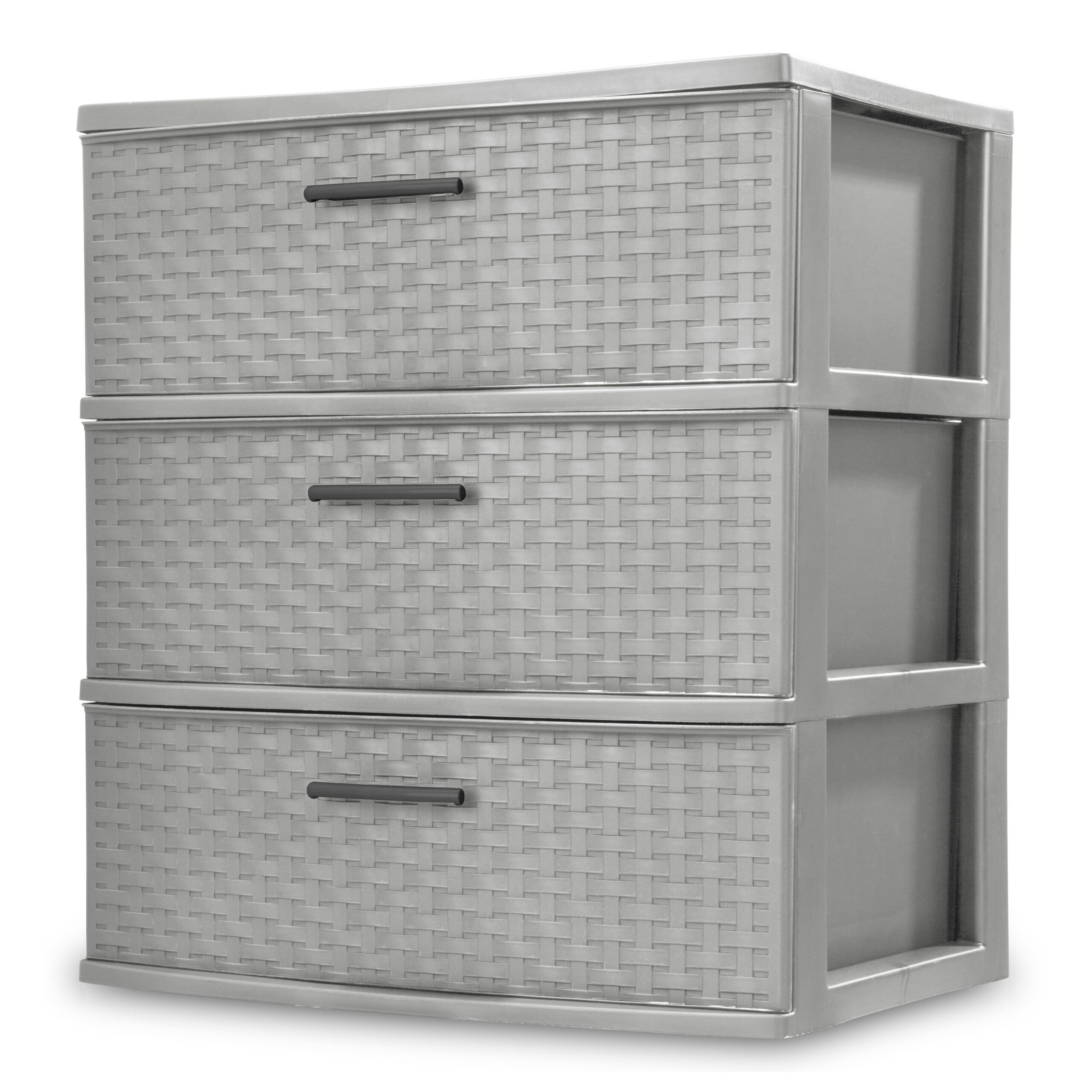Sterilite Storage Drawer, 3 Drawer Plastic Weave Wide Tower with Pull Handles, Gray